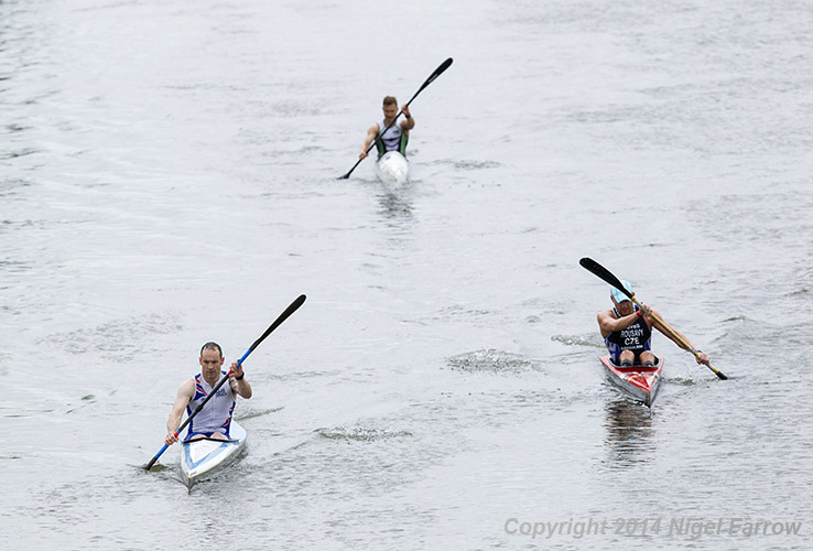 QUADRATHLON-Mat Stephenson (left) leads Steve Clark (back) and Leos Rousavy in the kayak during the 2014 World Middle Distance Championships in Lincolnshire, Great Britain