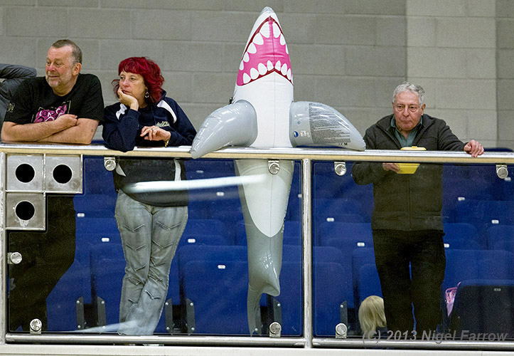 WHEELCHAIR RUGBY-The Solent Sharks mascot watches play during the 2013 Great Britain Wheelchair Rugby Nationals from the balcony of The Dome in Doncaster, South Yorkshire