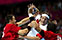 HANDBALL-Mikkel Hansen of Denmark (centre) is blocked by Ferenc Ily�s (left) and Laszlo Nagy (right) of Hungary during their men's London 2012 Preliminary round match